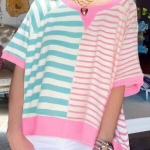 Pink Stripe Contrast Patchwork Oversized T Shirt