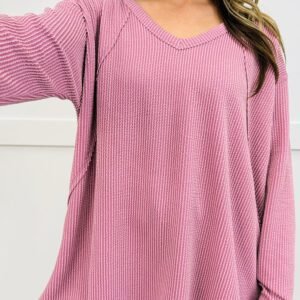 Pink Twisted Rib Texture Exposed Seam Patchwork Loose Long Sleeve Top