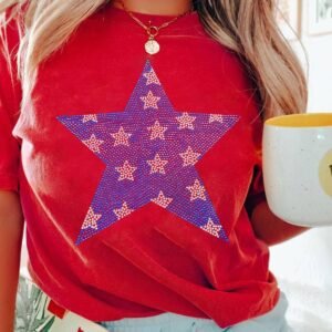 Red Rhinestone Star Pattern Independent Day T Shirt
