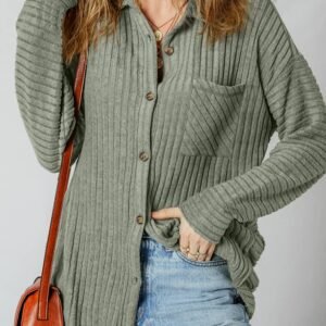 Mist Green Thermal Ribbed Texture Drop Shoulder Button Up Shacket