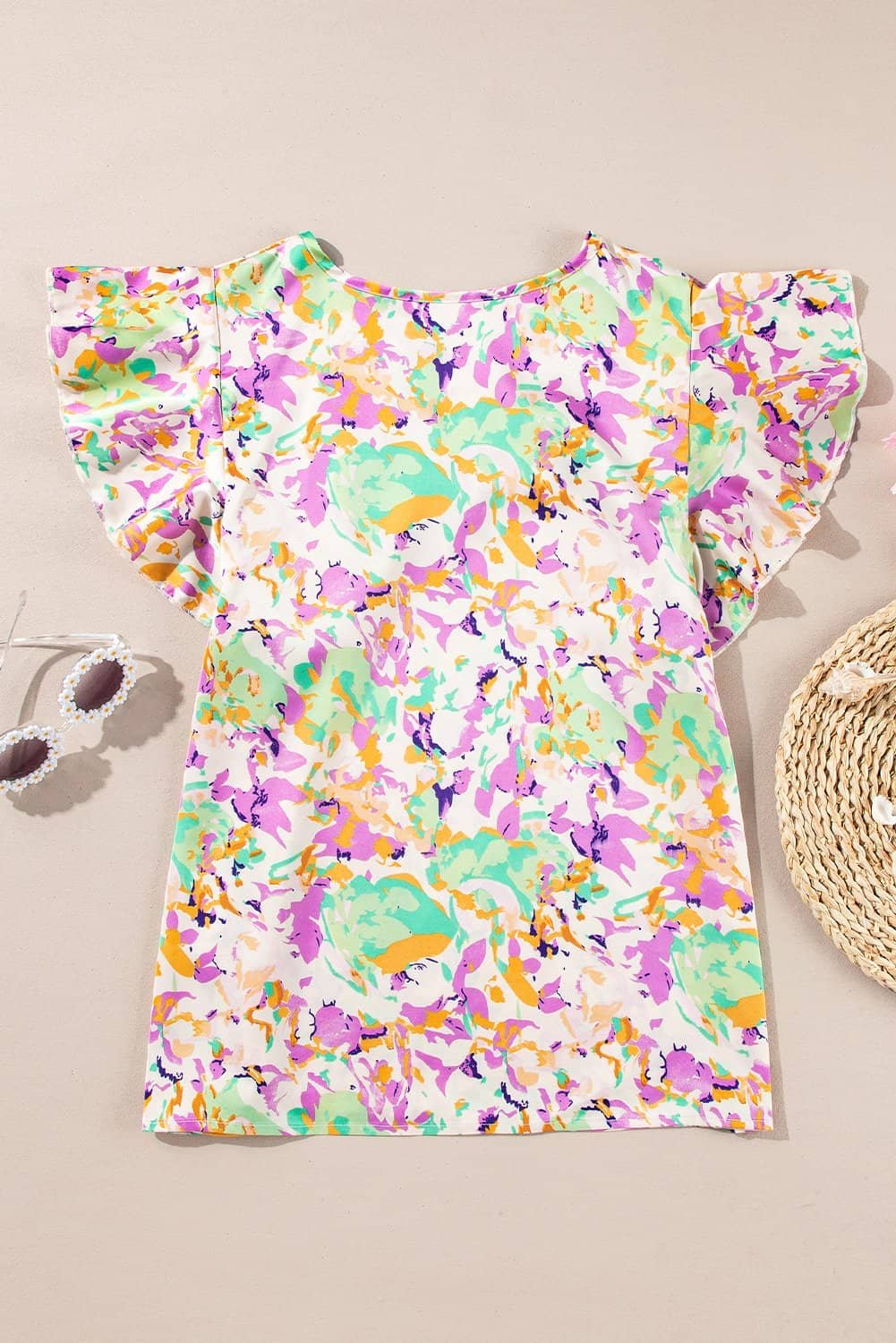 Purple Abstract Printed Ruffled Short Sleeve Notched Neck Blouse