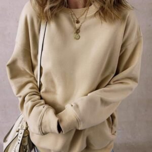 Parchment Solid Fleece Lined Crew Neck Casual Sweatshirt