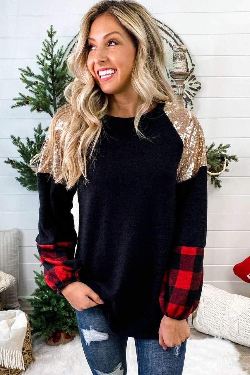 Crewneck Lantern Sleeve Plaid Sequin Splicing Pullover Sweatshirt