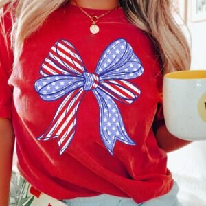 Red American Flag Bow Knot Print Crew Neck T Shirt