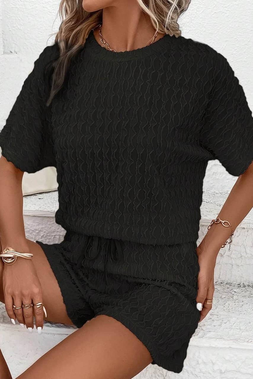 Black Frill Textured Short Sleeve Top And Drawstring Shorts Set