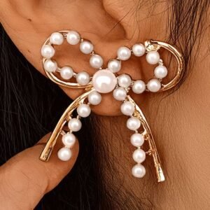Gold Pearl Embellished Alloy Bow Knot Stud Earrings