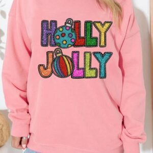 Pink Holly Jolly Christmas Festive Letter Graphic Sweatshirt