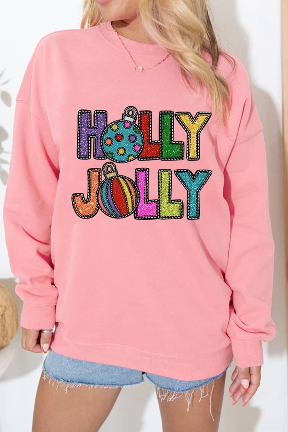 Pink Holly Jolly Christmas Festive Letter Graphic Sweatshirt