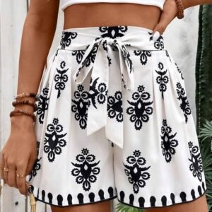 Black Tribal Geometric Print Belted High Waist Casual Shorts