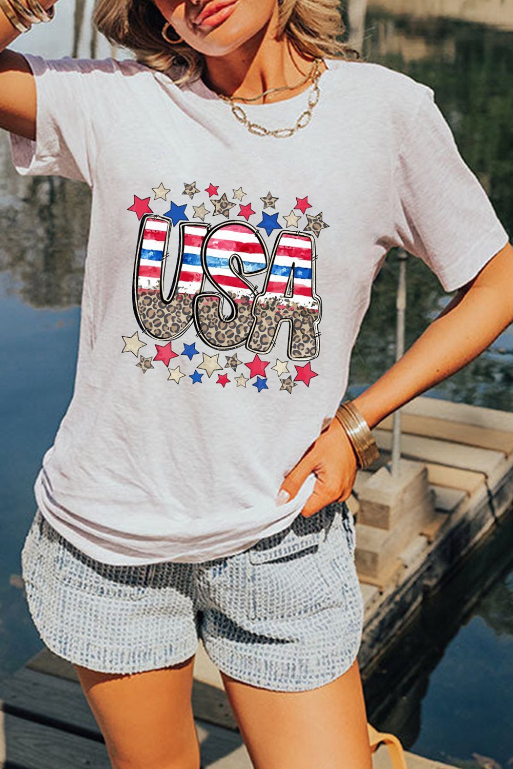 White Patriotic Star Leopard Usa Letter Graphic T Shirt