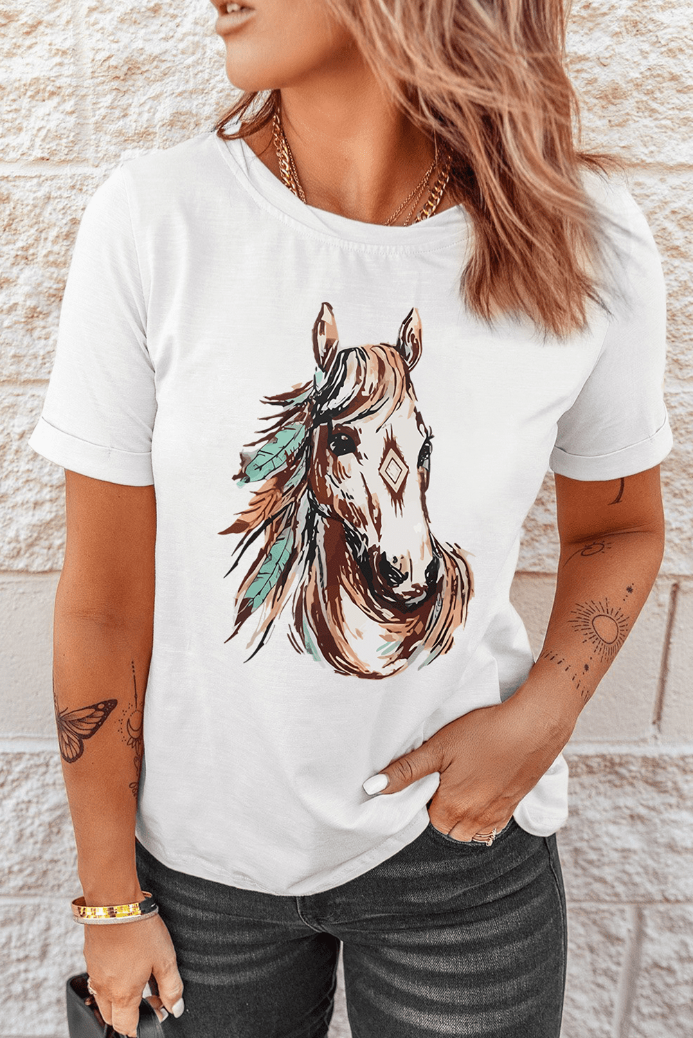 White Western Aztec Horse Graphic Crewneck Tee