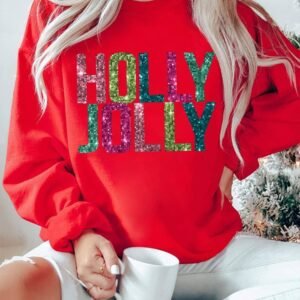 Red Glittering Holly Jolly Graphic Christmas Pullover Sweatshirt