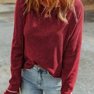 Red Textured Round Neck Long Sleeve Top
