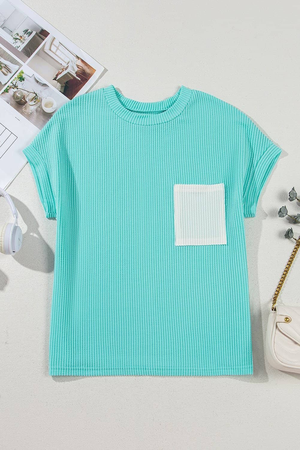 Light Blue Corded Knit Color Block Pocketed Crew Neck T Shirt