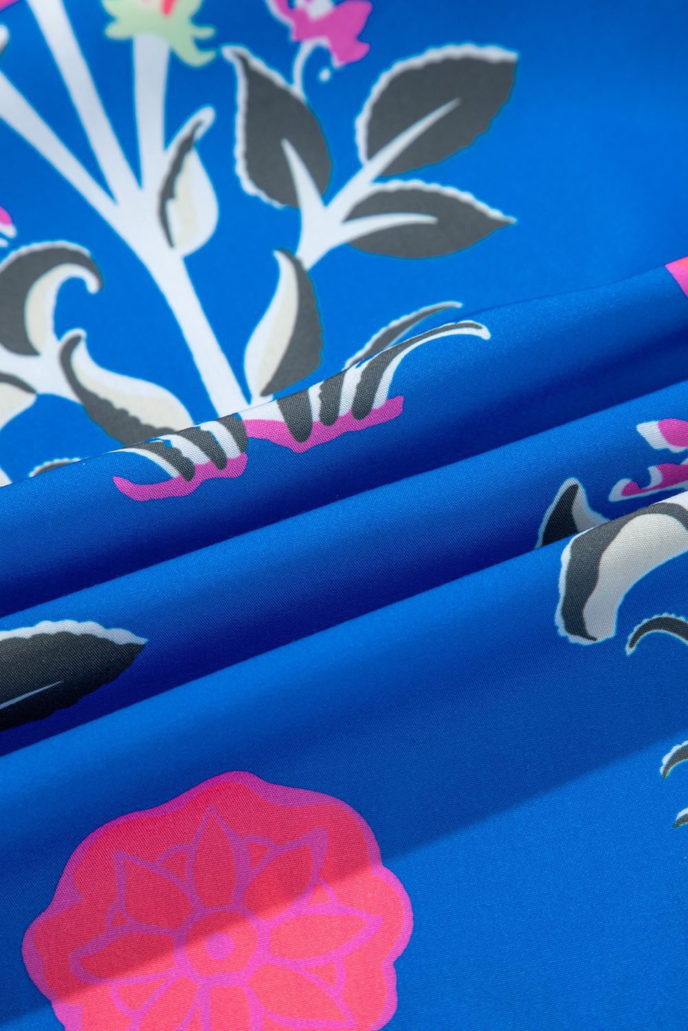 Blue Floral Print Contrast Striped Trim Notched Neck Long Sleeve Blouse