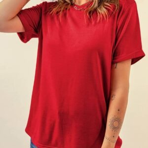 Red Casual Plain Crew Neck Tee