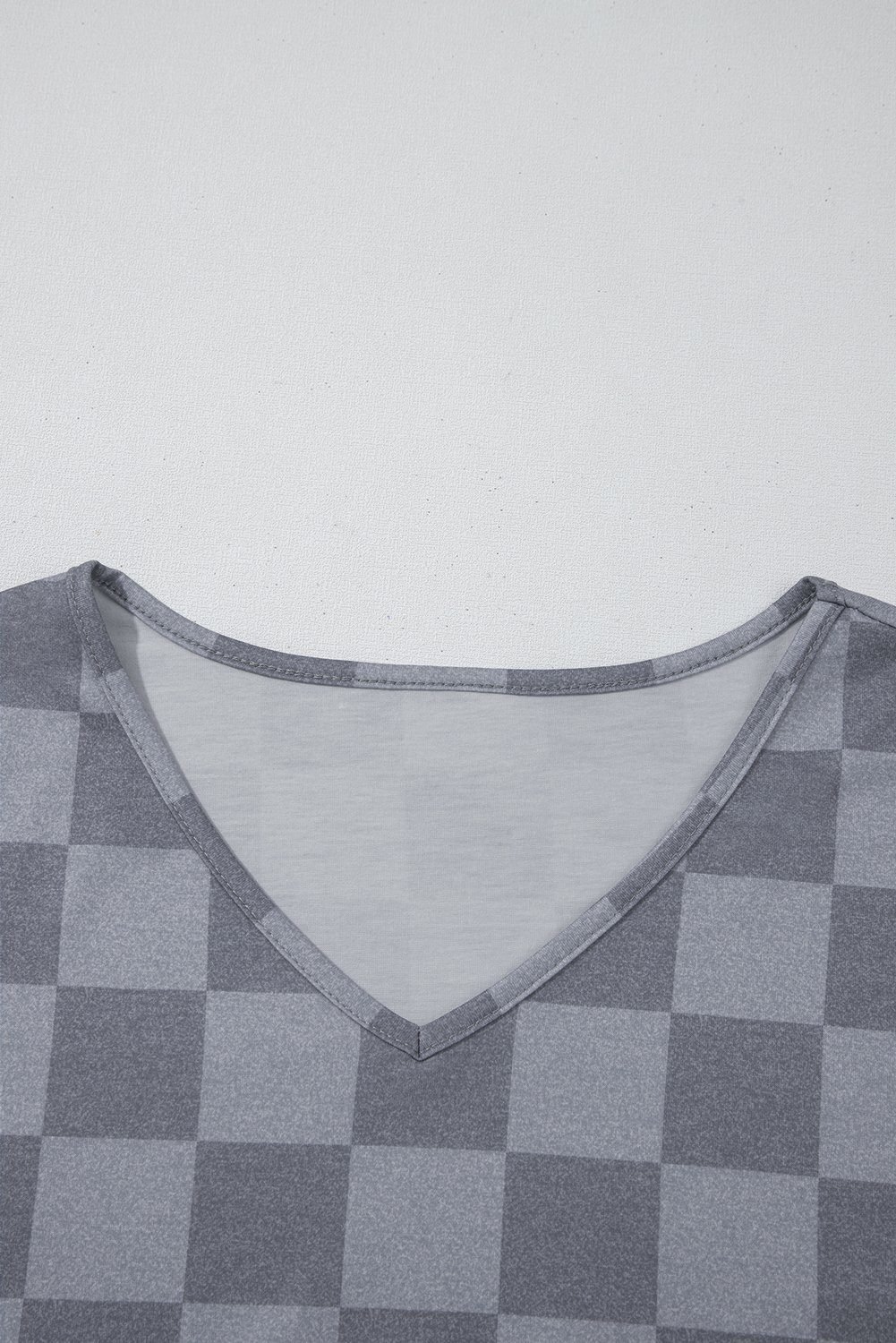 Gray Checkered V Neck Tee Drawstring Shorts Lounge Set