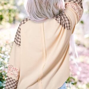 Beige Plaid Floral Peace Heart Graphic Wide Long Sleeve Top