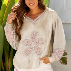 Beige Floral Patched Waffle Textured Colorblock V Neck Casual Hooded Top