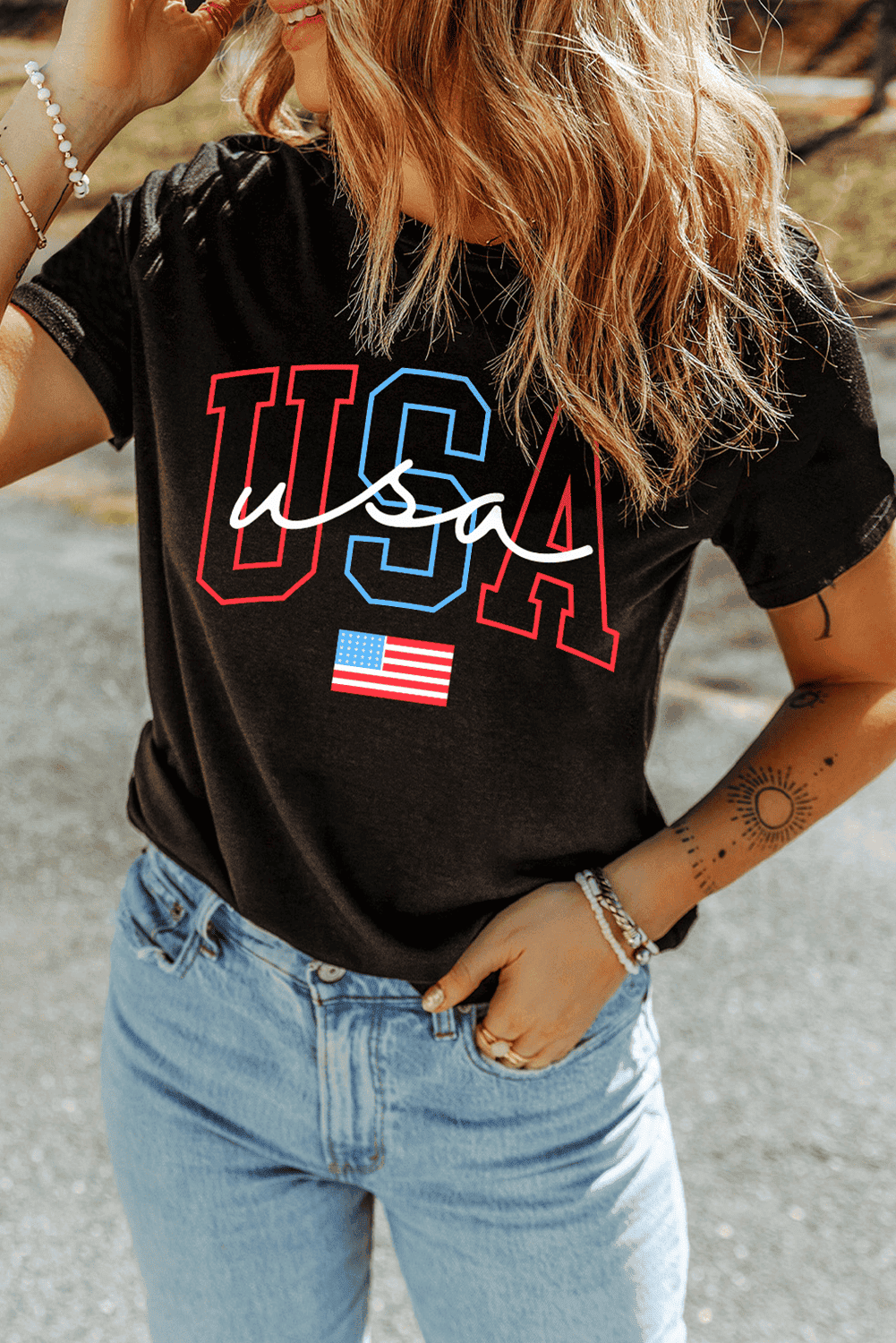 Black Usa Letter American Flag Print Casual T Shirt