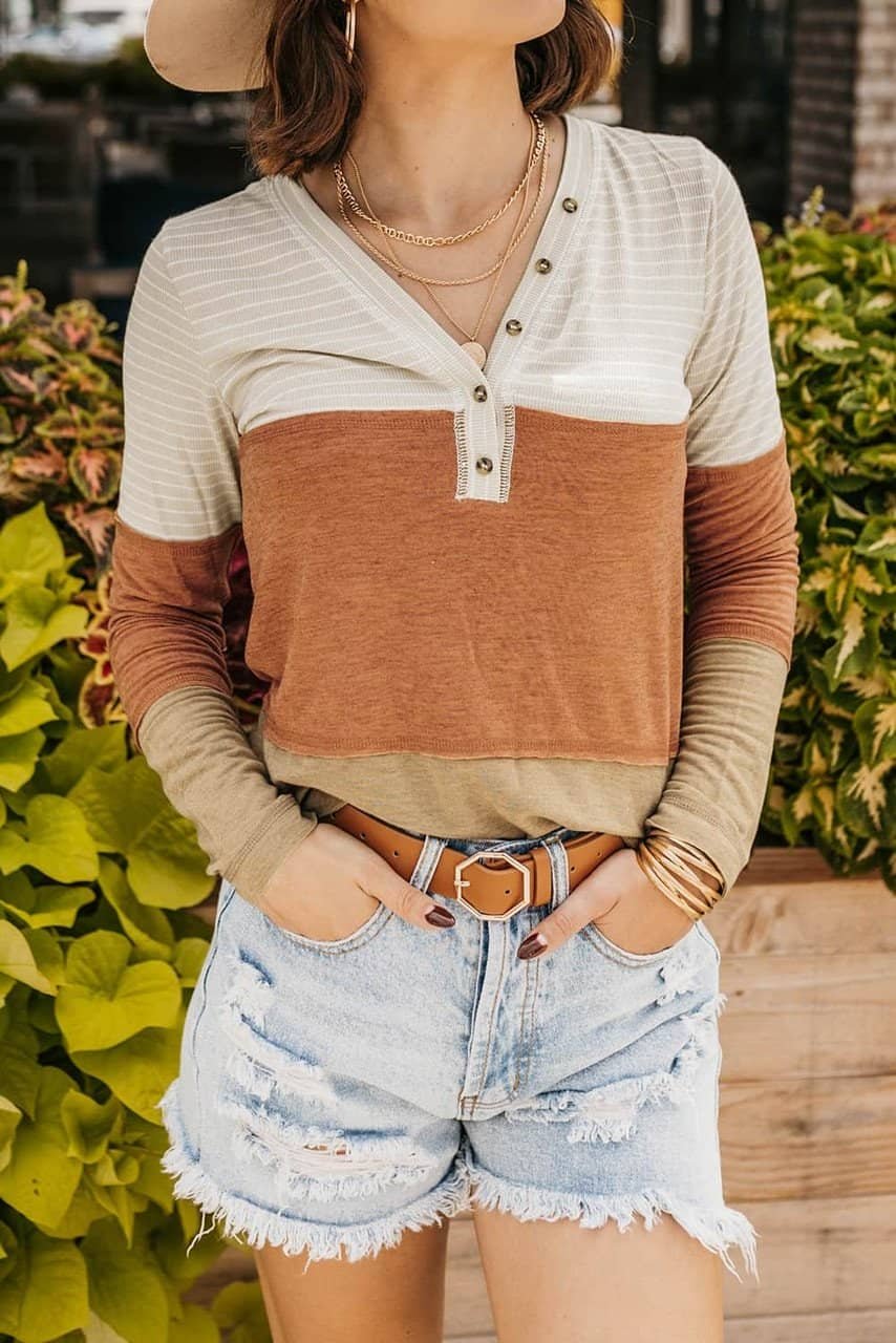 Orange Striped Color Block Henley Top