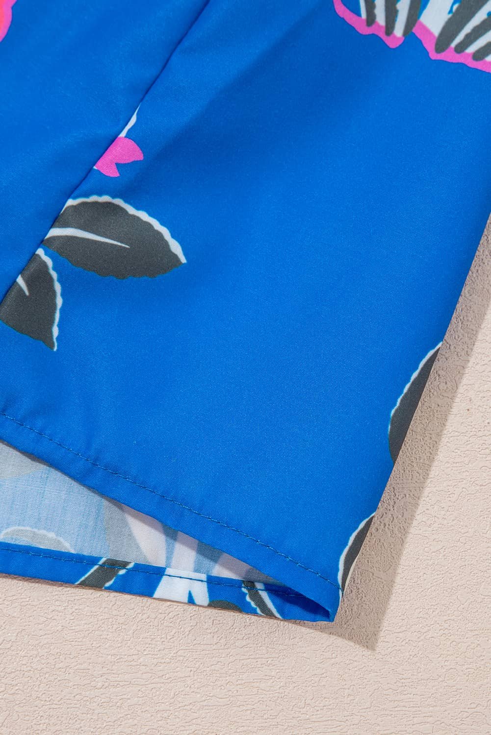 Blue Floral Print Contrast Striped Trim Notched Neck Long Sleeve Blouse