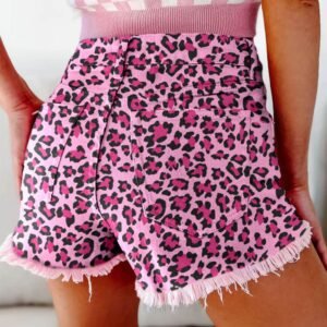 Pink Leopard Print Raw Hem Denim Shorts