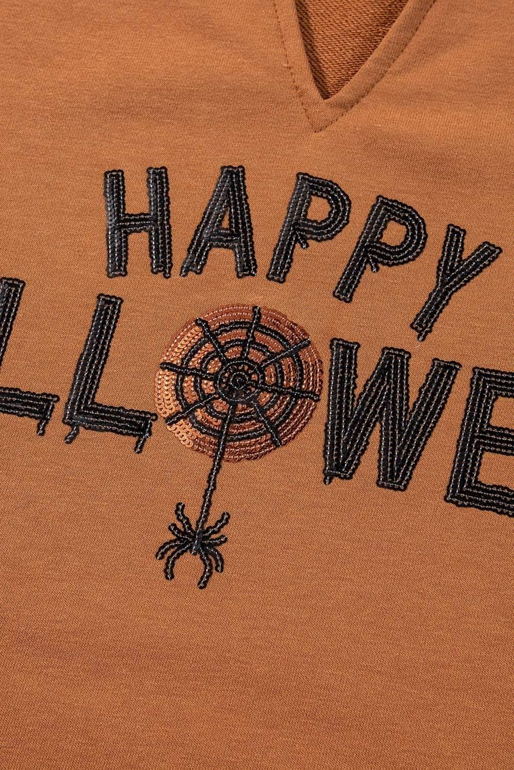 Chestnut Sequin Happy Halloween Graphic Notched Neck Long Sleeve Loose Top