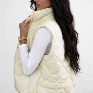 Beige Quilted High Neck Button Up Pocket Vest Coat
