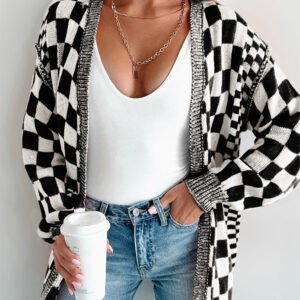 Black Checkered Open Front Drop Shoulder Cardigan