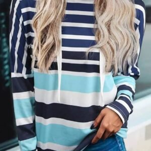 Multi Striped Drawstring Long Sleeve Hoodie