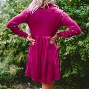Rose Long Sleeve Ruffle Velvet Button Up Dress
