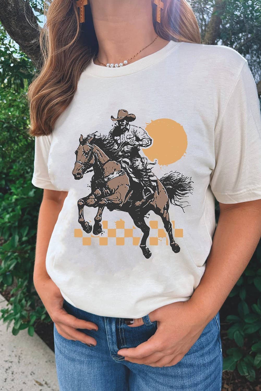 White Sunset Cowboy Print Western Fashion T Shirt