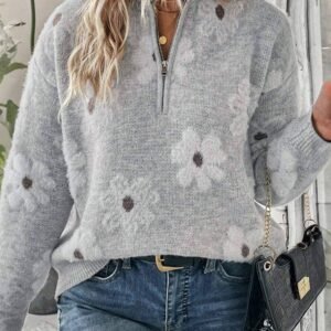 Gray Plus Size Embroidered Floral Pattern Half Zip Sweater