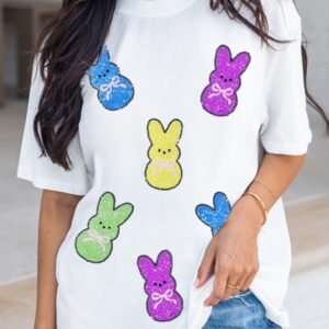 White Sequin Bow Bunny Doll Patched Easter Graphic Tee