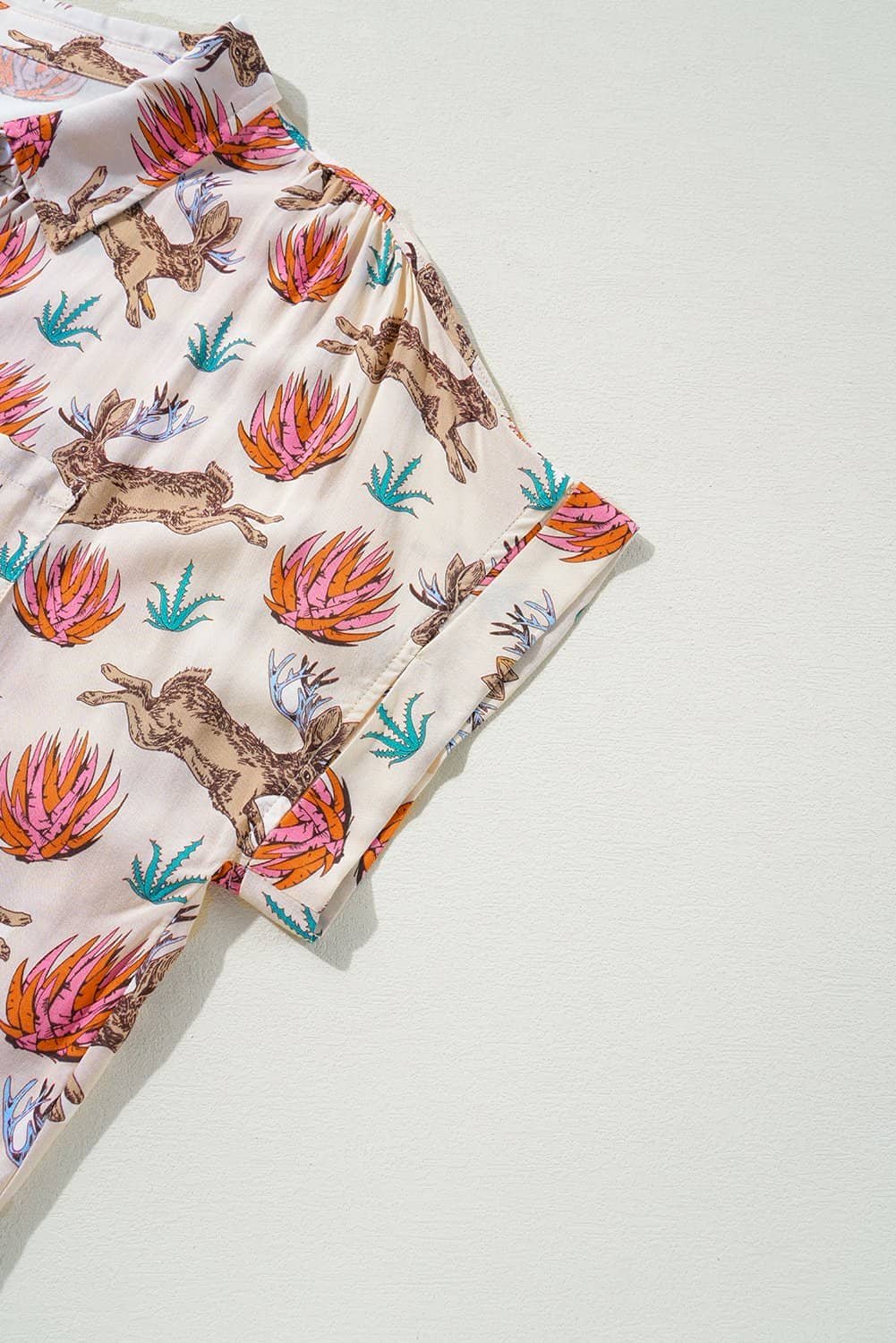 Khaki Plus Size Western Pattern Print Buttoned Short Sleeve Shirt