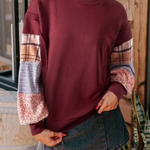 Red Sandalwood Plaid Colorblock Patchwork Sleeve Raw Seam Sweatshirt