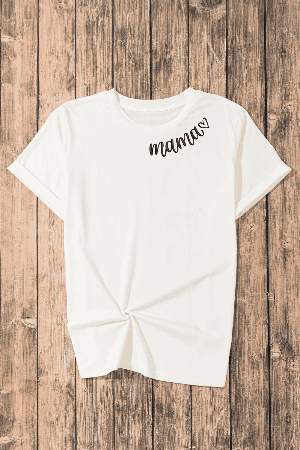 White Mama Heart Embroidered Crew Neck T Shirt