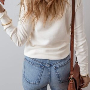 White Solid Color Waffle Half Button Long Sleeve Top