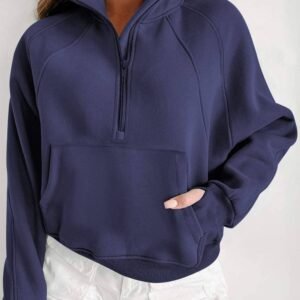 Navy Blue Fleece Lined Zip Up Stand Collar Thumbhole Sleeve Sweatshirt