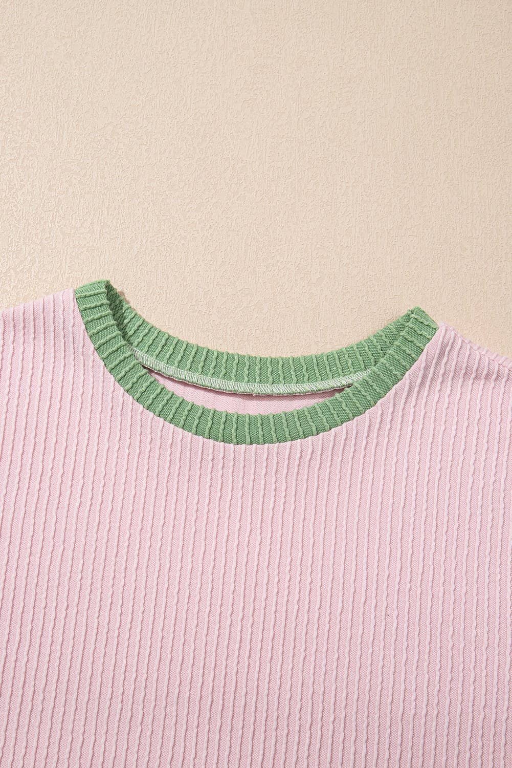 Pink Color Block Corded Knit Crew Neck Tee