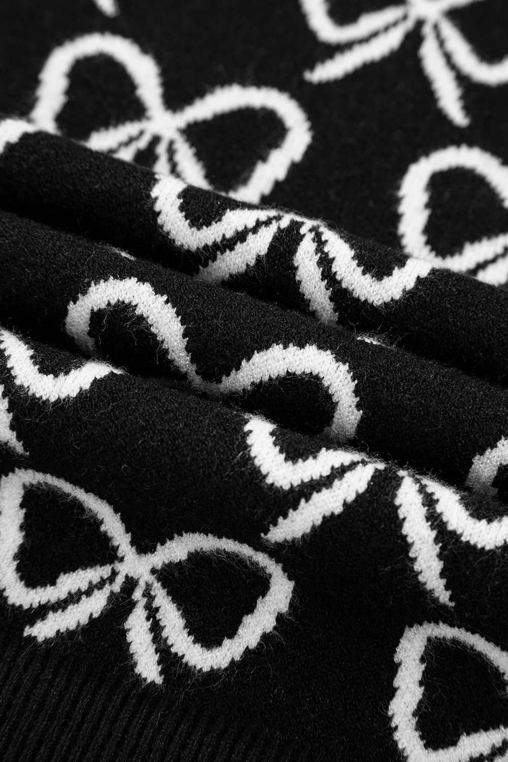 Black Cute Bow Pattern Drop Shoulder Zipped Collar Sweater