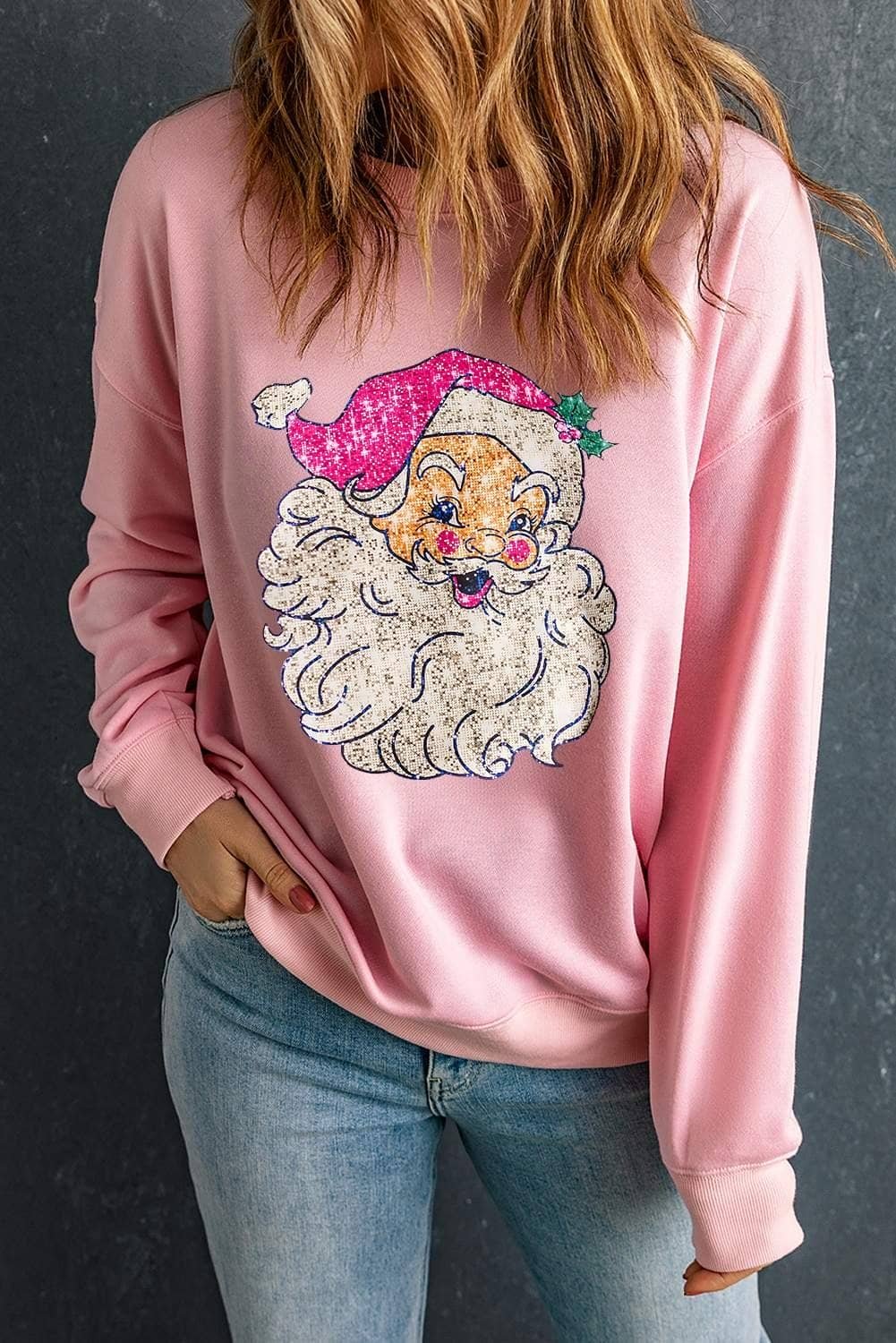 Pink Bold Christmas Claus Graphic Drop Shoulder Sweatshirt