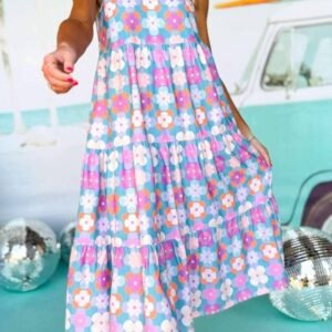 Sky Blue Floral Print Frilly Neck Sleeveless Tiered Maxi Dress