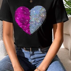 Black Valentine Two Tone Sequined Heart Shaped Graphic T Shirt