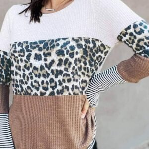 Brown Stripes Leopard Splicing Colorblock Long Sleeve Top