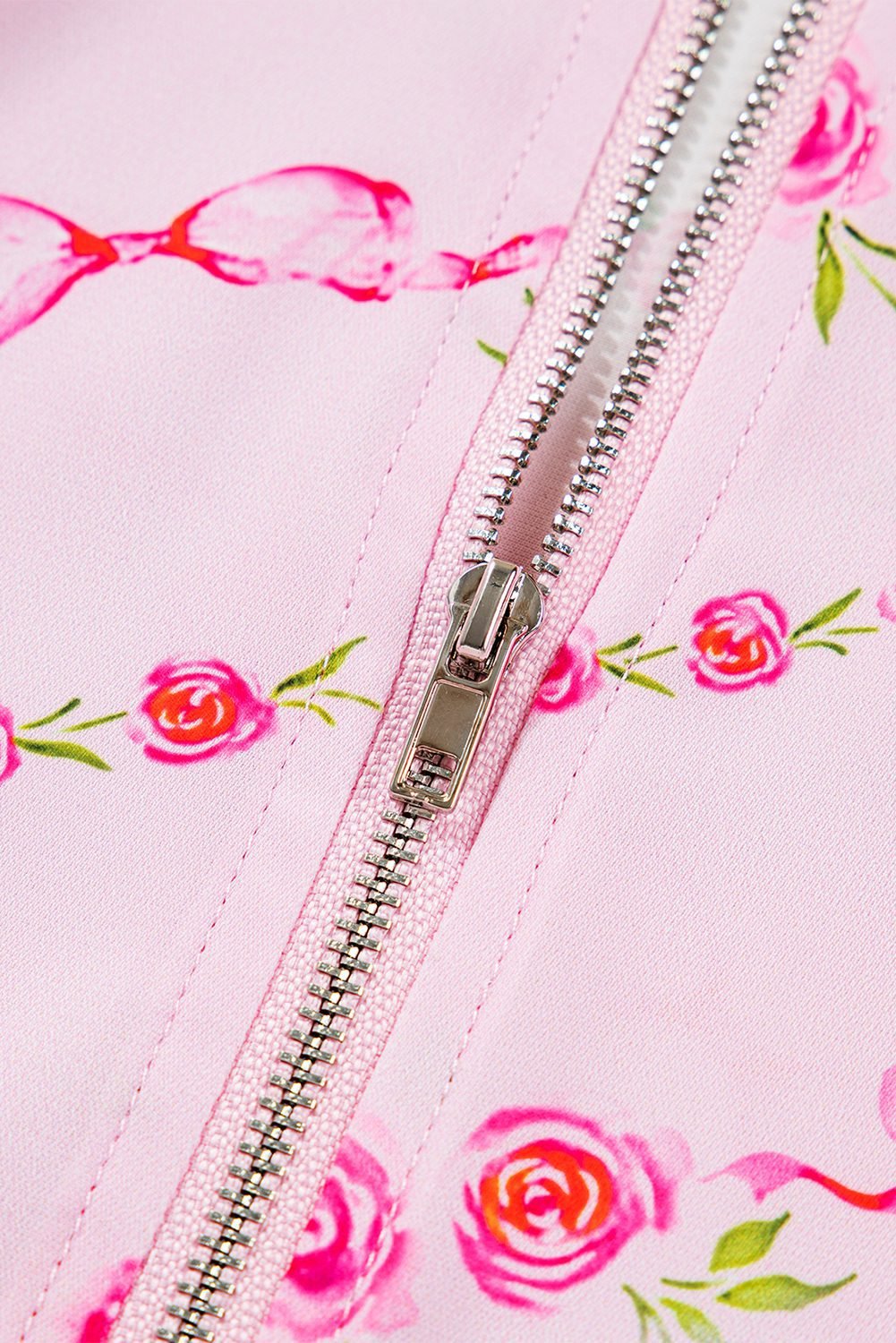 Pink Floral Print Half Zip Kangaroo Pouch Drawstring Hoodie