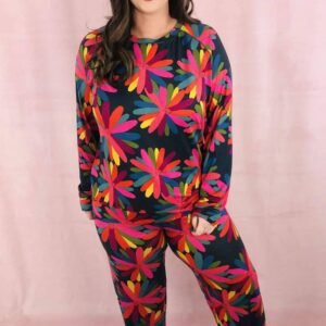 Black Plus Size Printed Long Sleeve And Pants Lounge Set