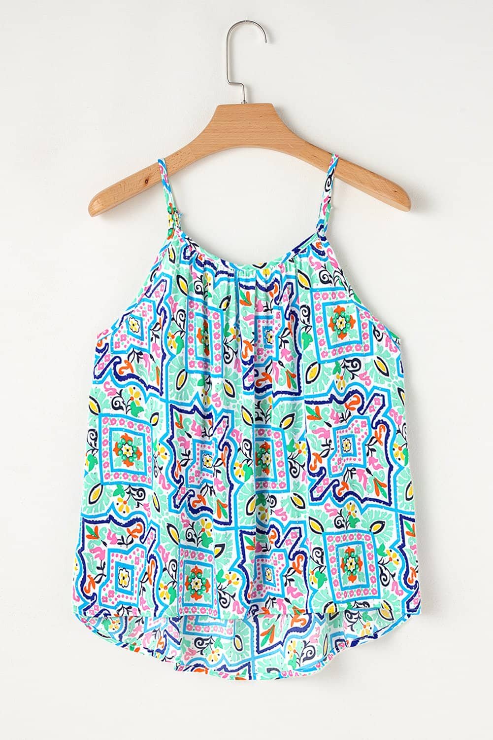 White Rhinestone Boho Floral Printed Spaghetti Strap Tank Top