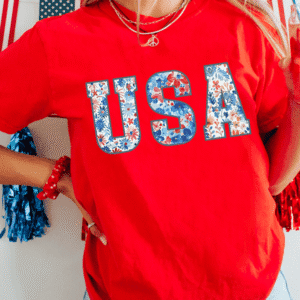 Red Floral Usa Graphic Cuffed Sleeve Crew Neck Tee